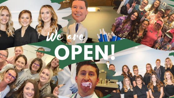 We are open! with silly pictures of the dentists around it